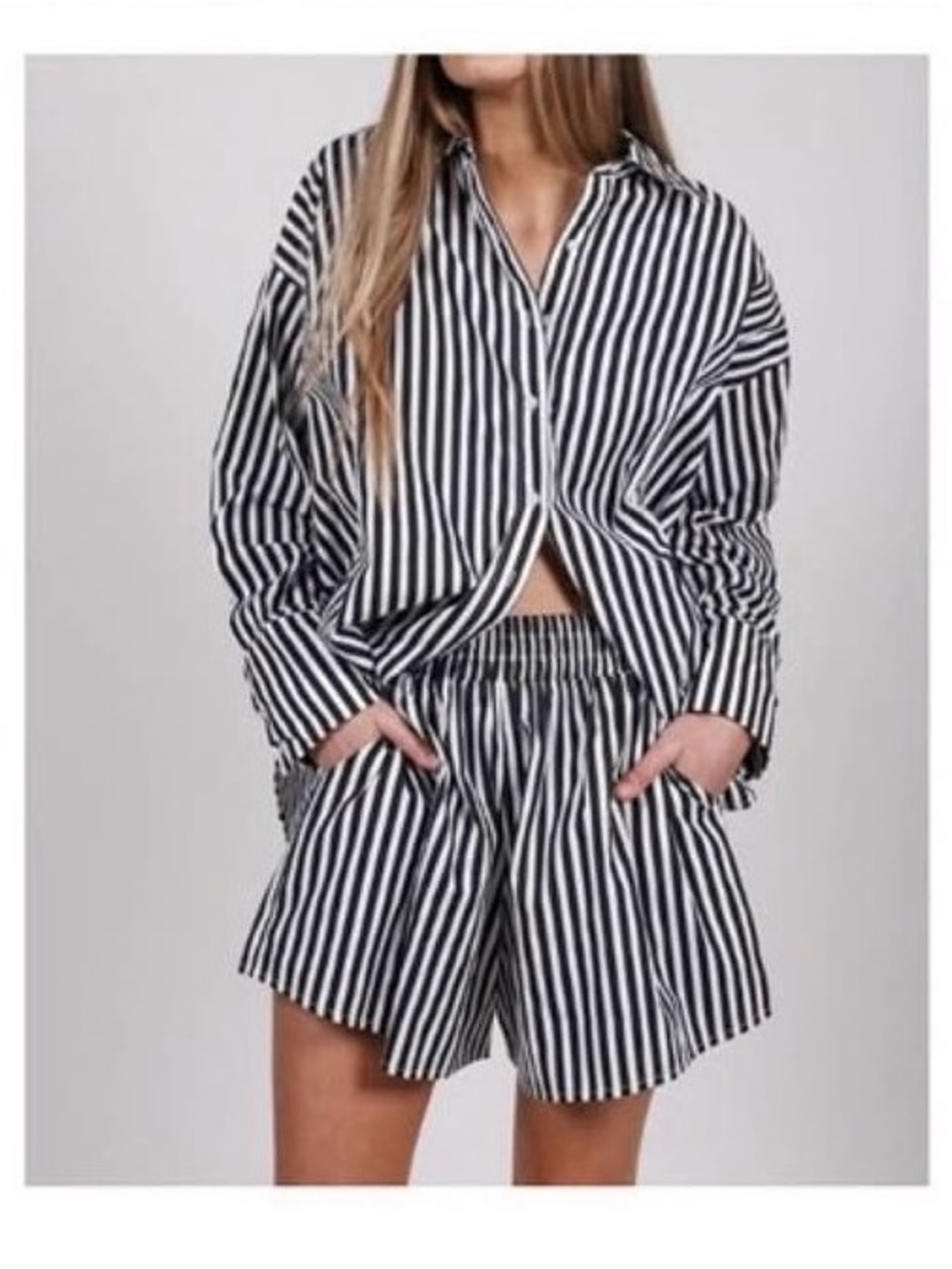 Brunette the Label Set - Black & White Stripe Button-Up Shirt and Boxer Shorts